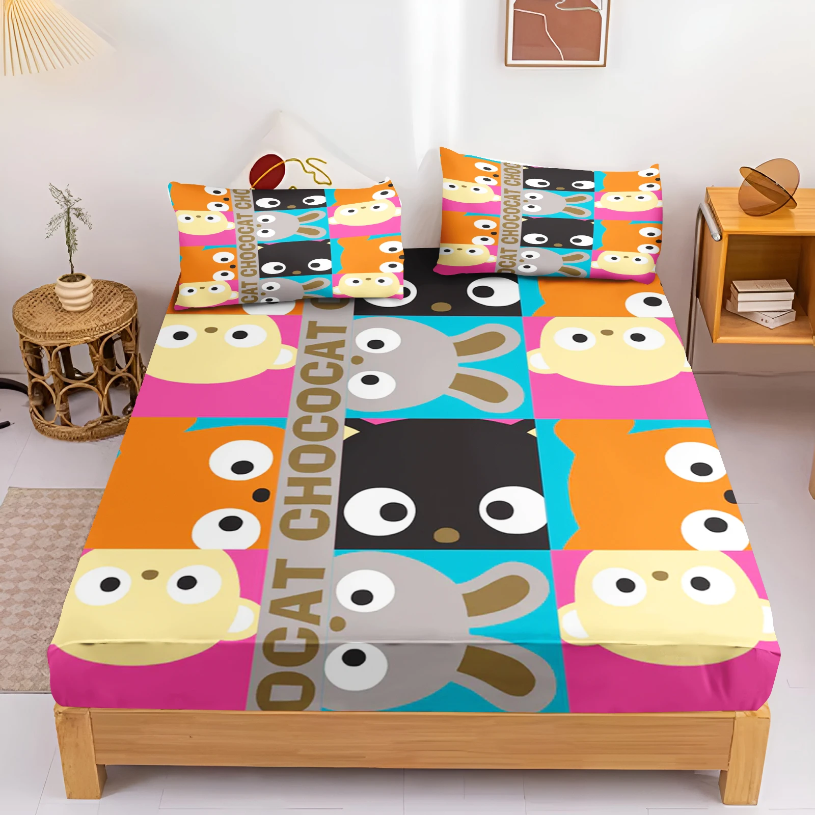 Cartoon CHOCOCAT Fitted Sheet Children Cute Polyester Coverage Sheets Cover Elastic Digital Printing Teenager Bedding