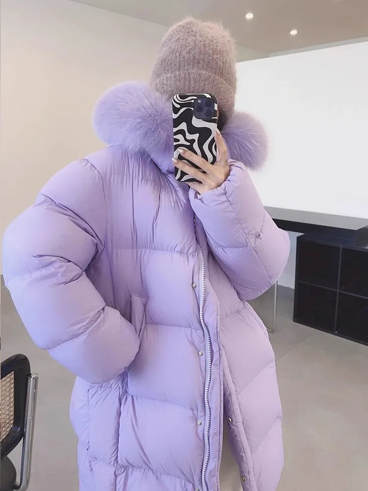 

Winter Clothes for Women New 90 White Duck Down Thick Warm Gutless Long Down Coats Fox Big Fur Collar Casual Loose Hooded Parka