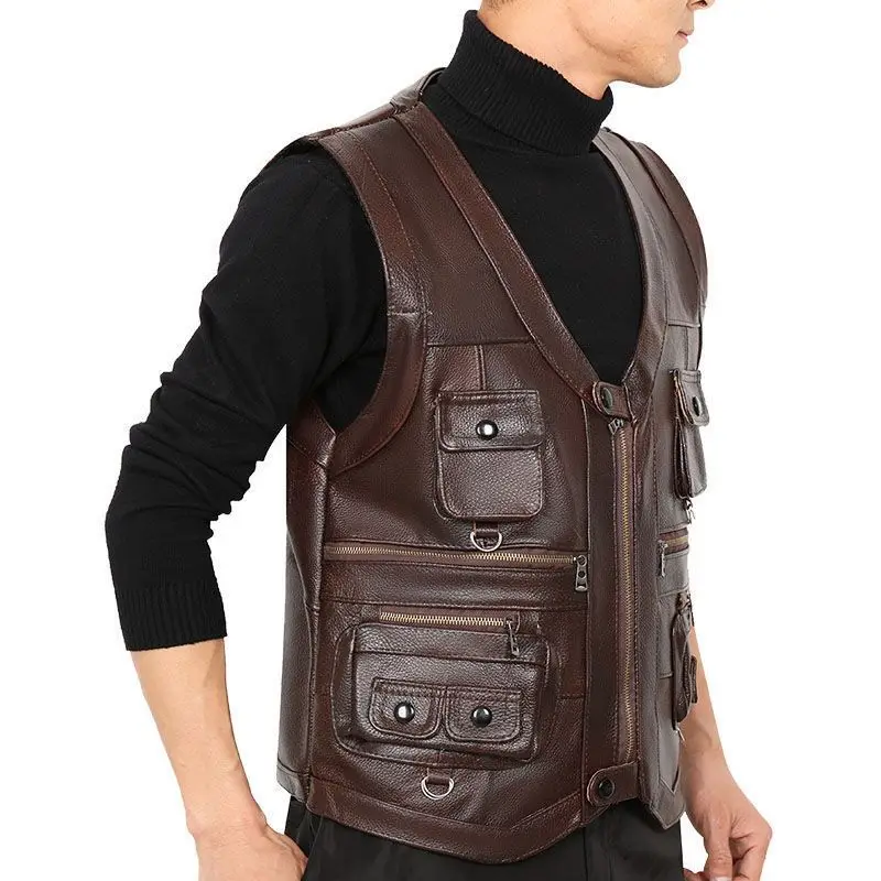 Cowhide Genuine Leather Vest Waistcoat Male clothing Jacket Thick Motorcycle Multi Pocket leather biker Men safety vest JJ134 view 3