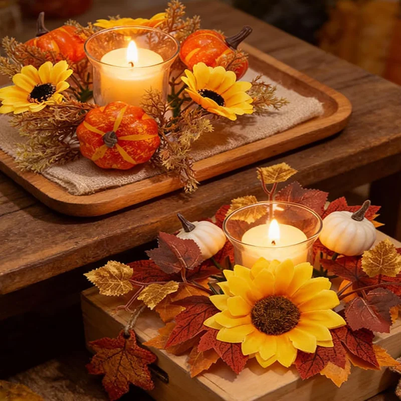 2 Pack Fall Pumpkin Candle Rings Wreaths, Thanksgiving Table Decors