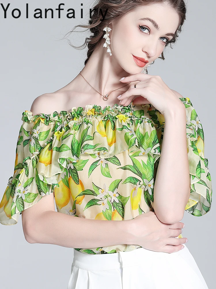 YOLANFAIRY 100% Real Mulberry Silk T Shirts Woman Summer Elegant Off-the-shoulder Womens Top Sweet Ruffle Tee Shirt Femme 2025