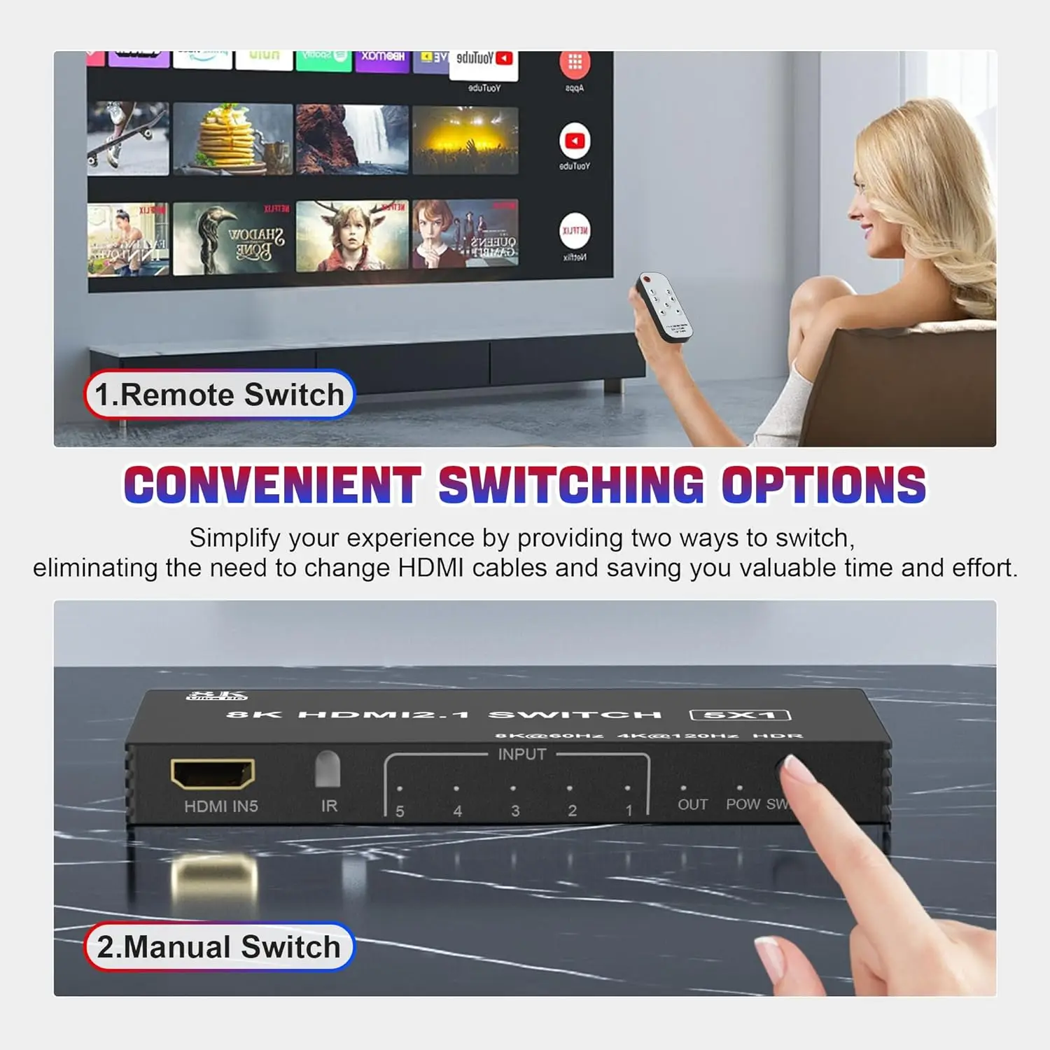 HDMI Switch Splitter com Controle Remoto, 8K, 2.1 Hub, 5in 1Out, Múltiplas Entradas, Adaptador HDMI Multiport, Porta Expansor Switcher