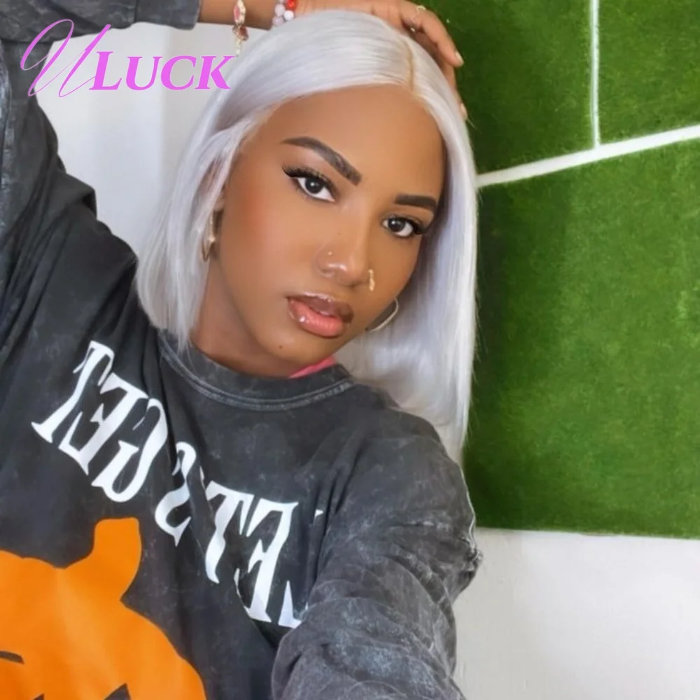 

Uluck Silver Colored Double Drawn Short Straight Bob Wig Real Remy Human Hair Wigs 13x4 Lace Frontal Wigs 200% Density For Women