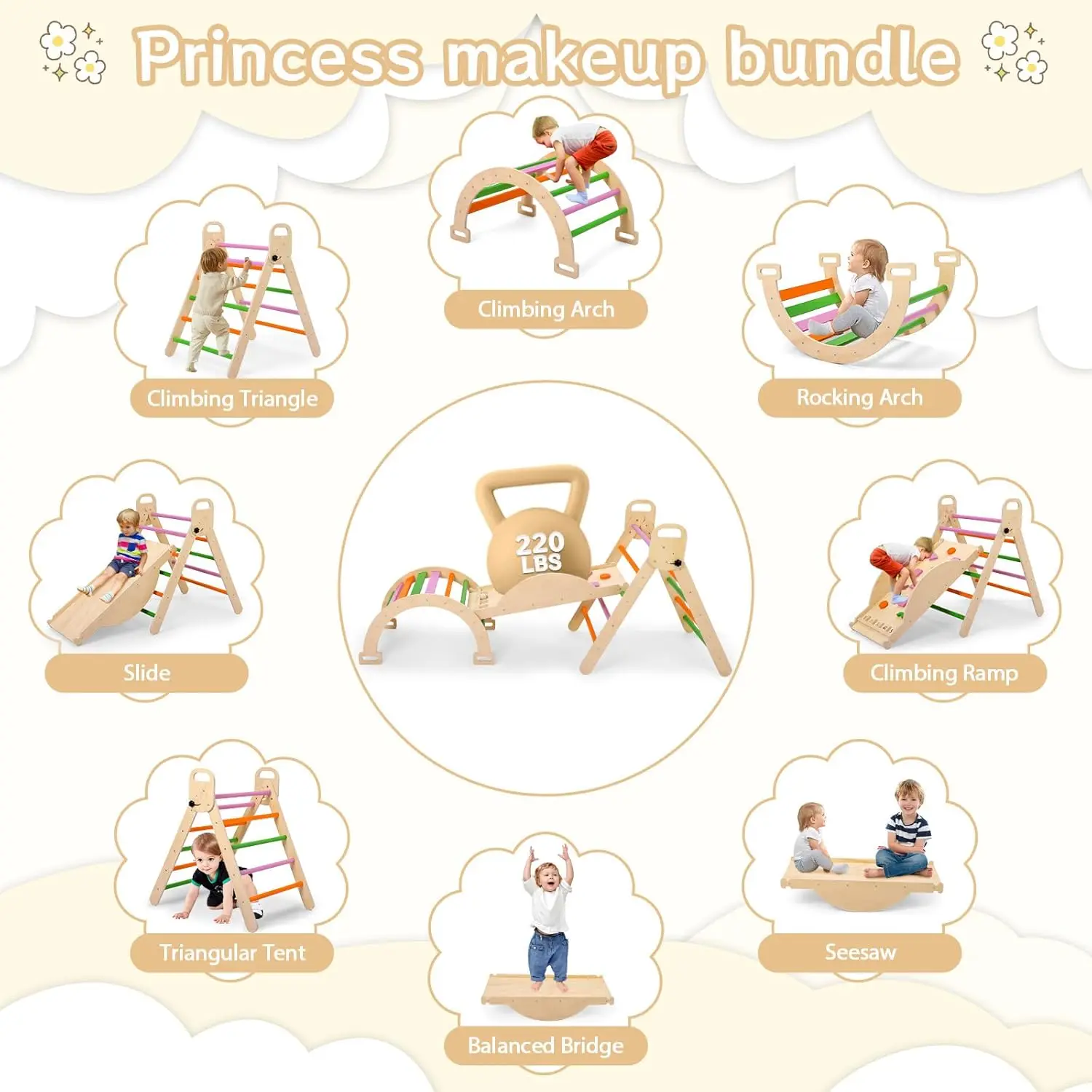 مجموعة مثلث خشبية 9 في 1 للأطفال الصغار ألعاب تسلق كبيرة مجموعة تسلق مع قوس ومثلث ولعبة الكرة والدبابيس والمتأرجحة #5