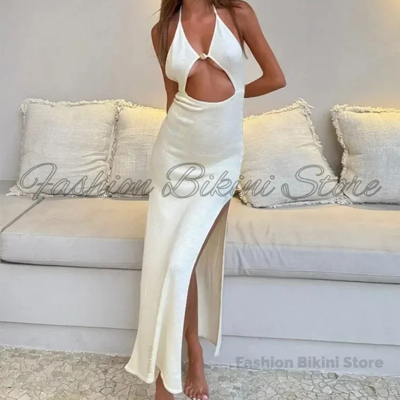 Sexy Knit Halter V Neck Slit Beach Maxi Dress For Women 2026 Chic Button Cut Out Backless Party Dresses Swimwear Cover Up