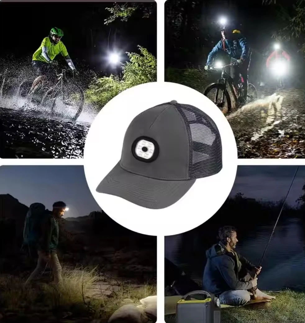 USB 충전식 LED 야구 모자 - 3단계 밝기 조절 헤드 램프 (러닝/하이킹용) 조절 가능한 라이트업 캡 (스포츠 모드 포함)