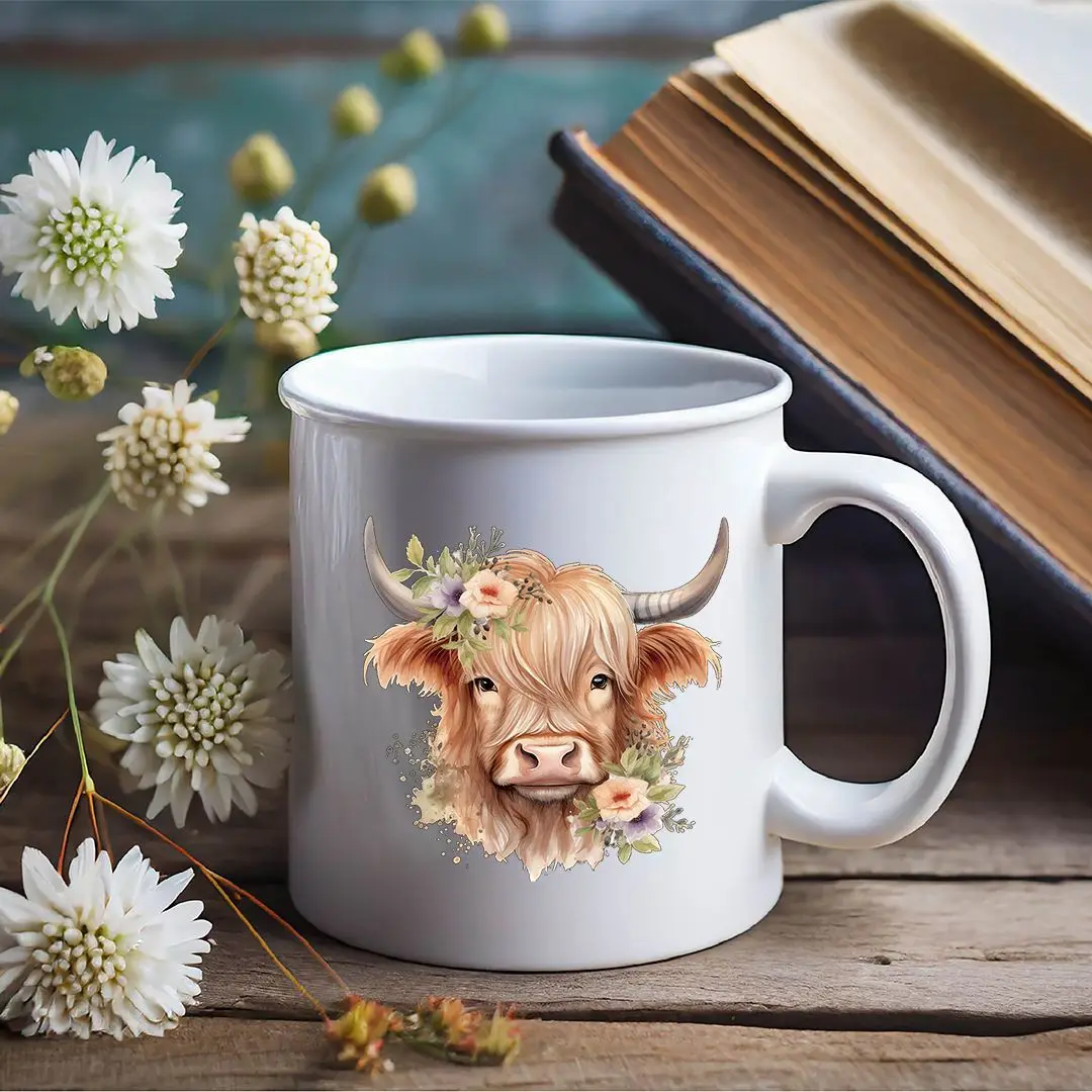 8pcs Highland Cow UV DTF Cup Stickers, Waterproof Sticker Pack For Decorating Mugs, Cups,DIY Art Supplies