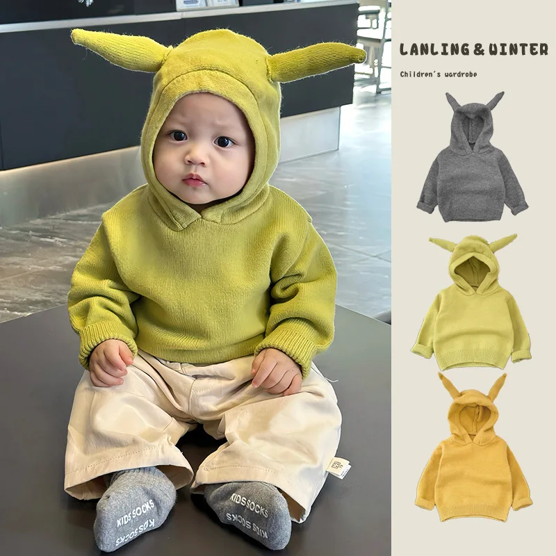 

Осенне-зимний вязаный свитер с капюшоном для маленьких мальчиков и девочек, однотонный пуловер, удобные топы с длинными рукавами, детская одежда для детей 1–3 лет