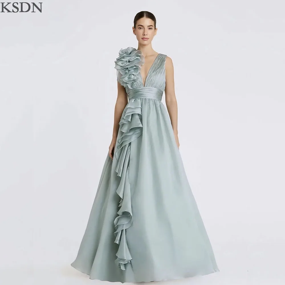 

KSDN Elegant V-Neck Pleat Evening Dresses A-Line Floor Length Princess Gowns Special Occasion Prom Dress Vestidos 2025