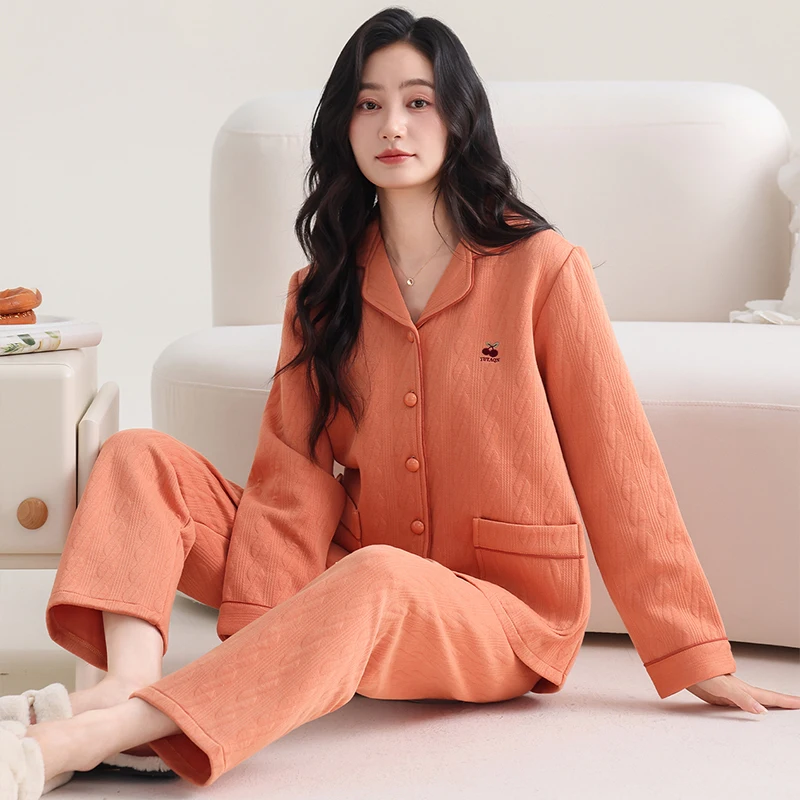 High Quality Winter Women Pajamas Set Air Clip Cotton Pijama Female Turn-down Collar Sleepwear