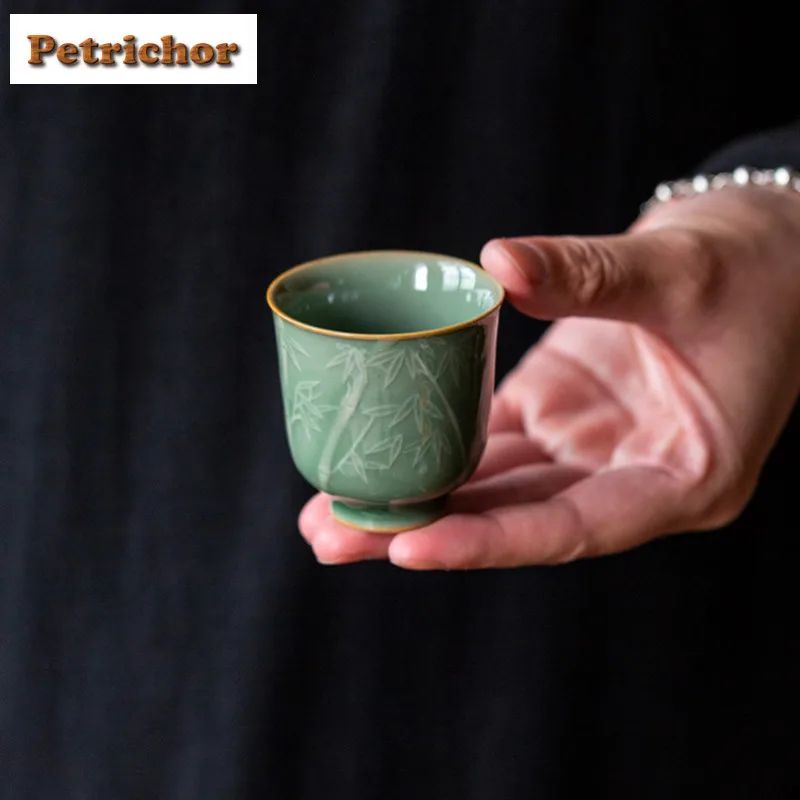 

2pc/lot Relief Celadon Bamboo Rhyme Teacup Ancient Tea Bowl Tea Cup Set Tea-tasting Meditation Cup Chazhan Master Cups 50ml