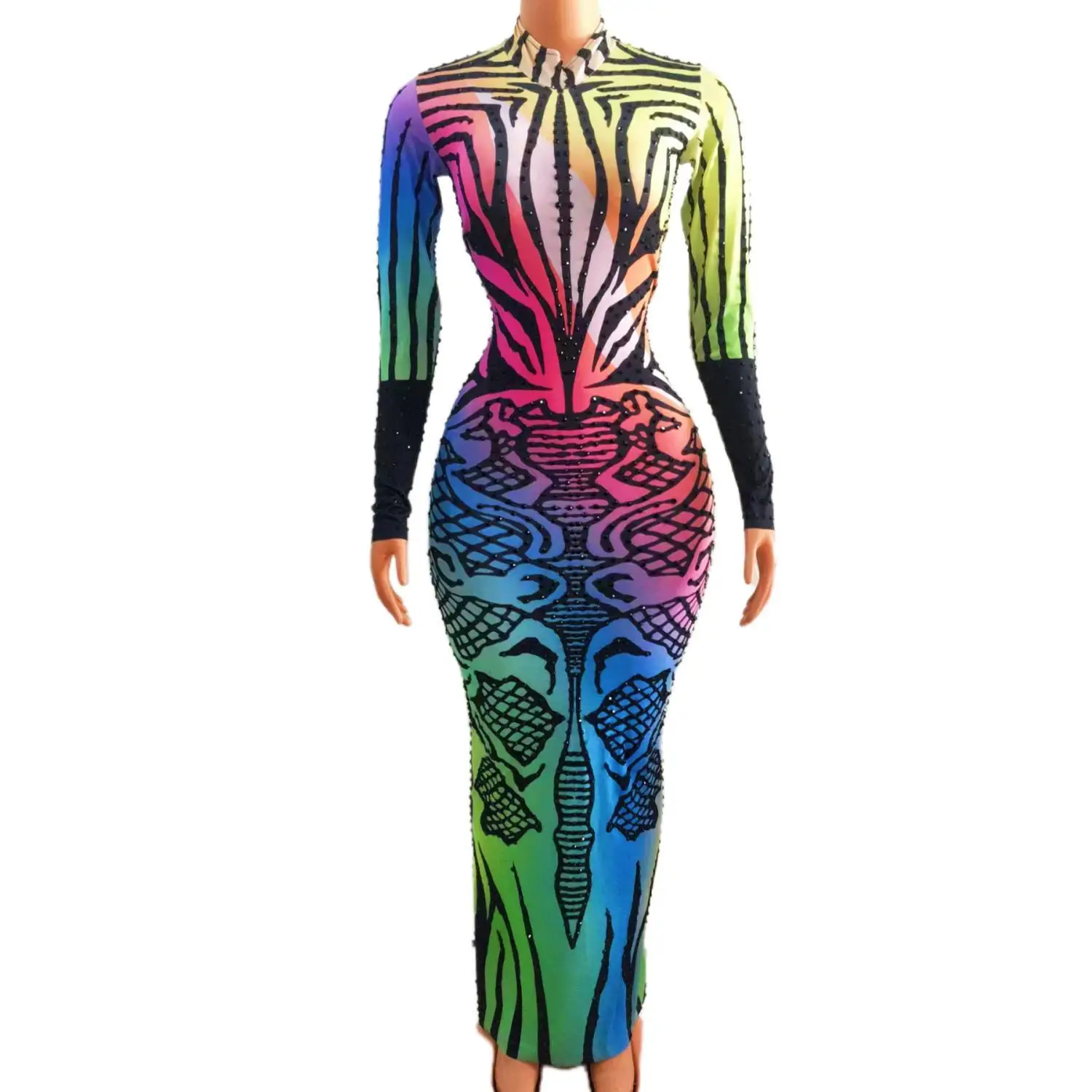 Sexy Colorful Print Rhinestones Stretch Long Dress Woman Long Sleeve Evening Birthday Celebrate Outfit Dancer Costume Party Wear