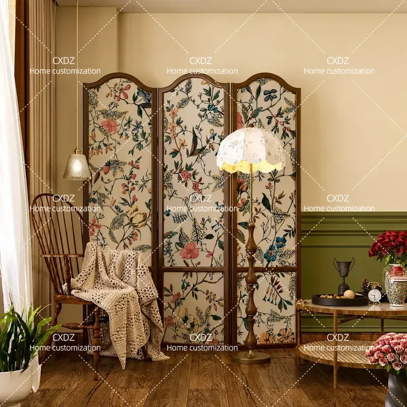 French Medieval Style Flower and Bird Screen Partition Folding Mobile Room Divider for Living Room Bedroom Sofa Entrance