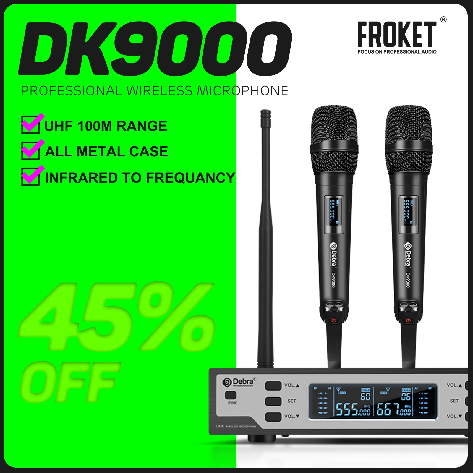 Debra DK9000 الصوت ميكروفون لاسلكي مجموعة ميكروفون محمول HD الصوت هيئة التصنيع العسكري 100 متر المدى لعروض غرف الاجتماعات