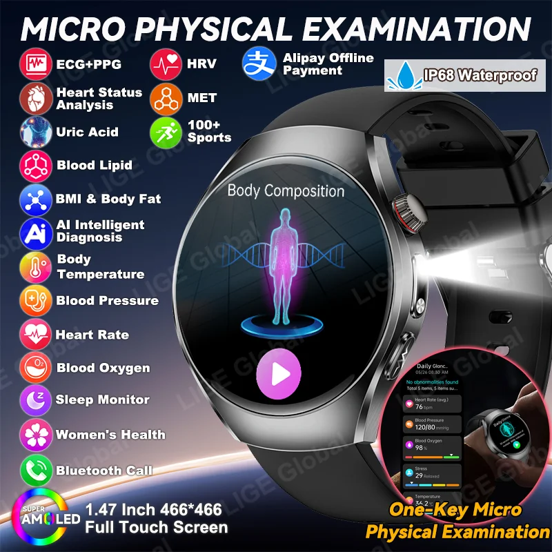 

LIGE Nursing Grade ECG+PPG Smartwatch Blood Fat Uric Acid Blood Pressure Body Temperature BT Call Health Smart Watch Men Women