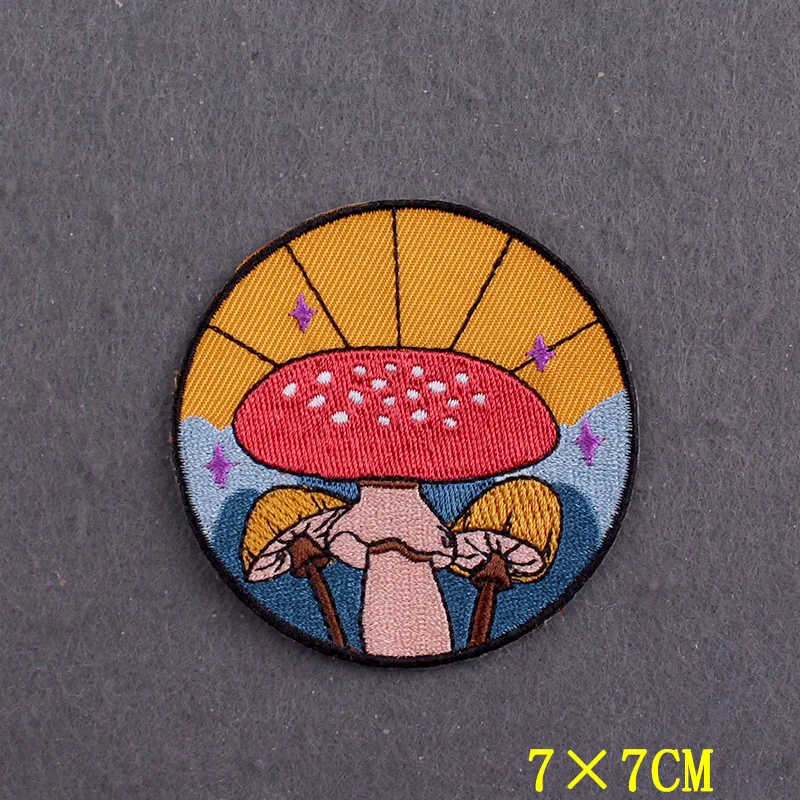 Mushroom Iron On Patches On Clothes Stripes Camping Adventure Clothing Stickers Hook Loop Embroidered Patches For Jacket Decor