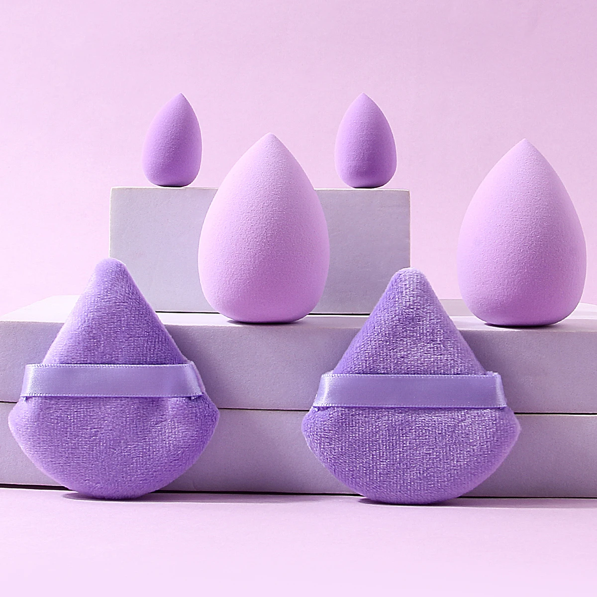 Juego de esponjas de maquillaje moradas de 6 uds, huevos de esponja de tamaño de alta resistencia y esponjoso de polvo suave en forma de abanico, herramientas profesionales de maquillaje facial