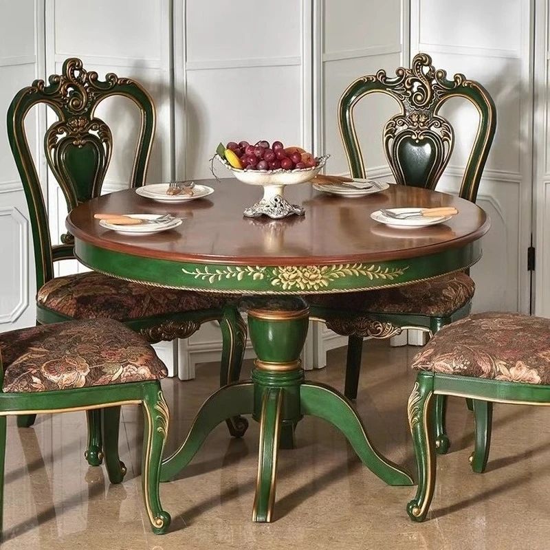 European and American Solid Wood Round Table Retro Green Dining Table and Chair Set Eco-friendly Water-based Paint Spray Paint