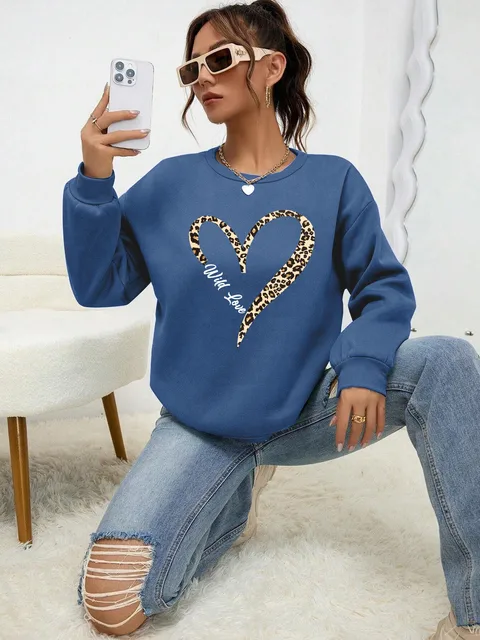 Leopard Wild Heart Pattern Print Bluza damska Street Fur-Liner Pullovers Hipster Odzież Dres Crewneck All-Match