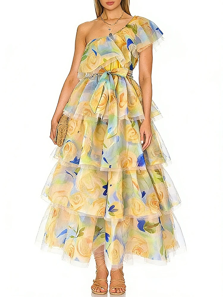 Retro printed sexy slanted shoulder lace up waist dress 2026 summer women's dress loose multi-level ruffle edge puffy skirt