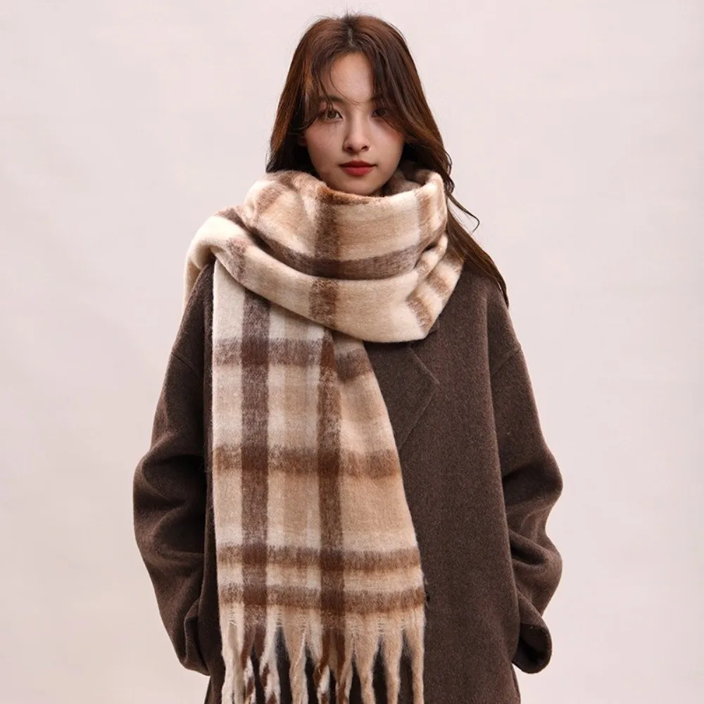 

Retro Mohair Plaid Wool Scarf Plush Thicken Winter Cashmere Scarves Warm Korean Style Long Shawl Women/Men
