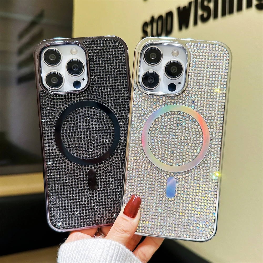 Original For Magsafe Diamond Pattern Phone Case For iPhone 16 15 14 12 13 11 Pro Max Plus Magnetic Bling Shiny Solid Color Cover