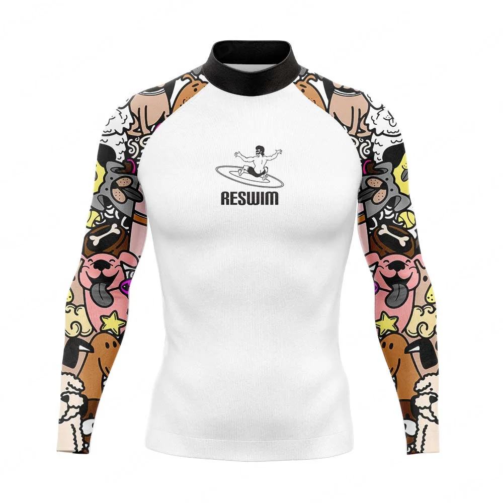 Summer Funny Beach Surfing Swimsuit Men's Simming T-shirts UV Protection Swimwear Rash Guards Long Sleeve Surf Sports Basic Suit