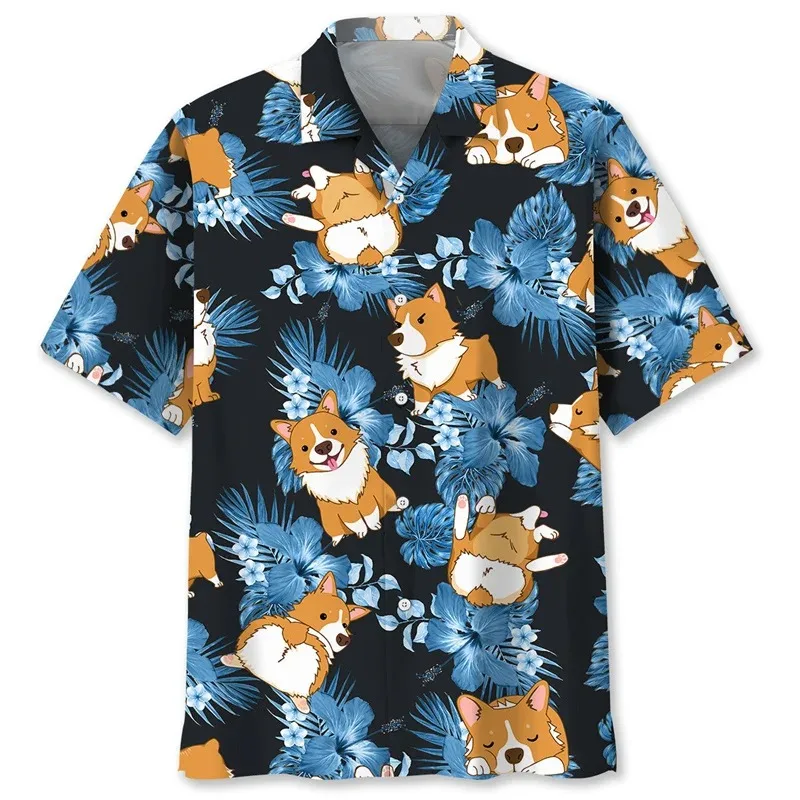 

3d Printed Animal Pets Short Sleeves Street Tops Lapel Button Blouse Cartoon Corgi Dog Graphic Hawaiian Shirt for Men Summer