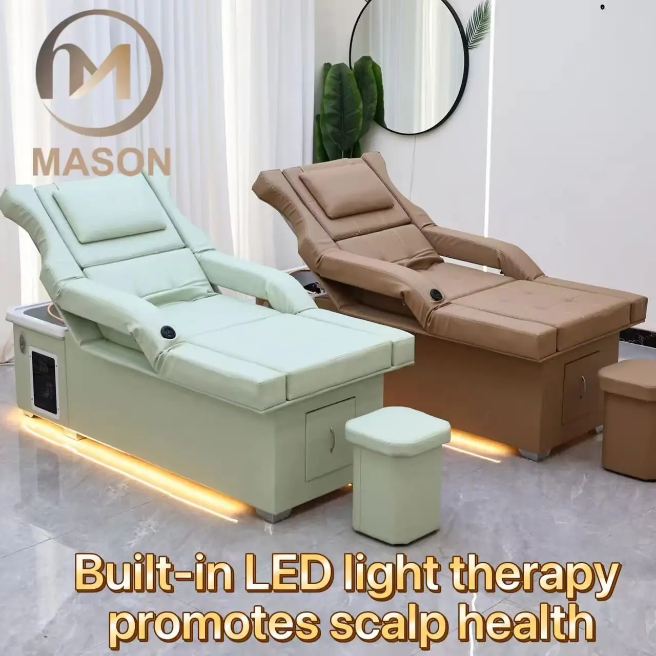 Multifunctional Stainless Steel Frame Salon Shampoo Bed LED Light Therapy Ceramic Basin Electric Adjustable