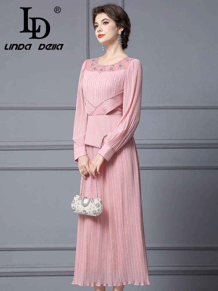 تنورة LD LINDA DELL ذات ثنيات على شكل خرز أظافر وردي كريمة وجوية ورقبة دائرية وأكمام طويلة بقصة ضيقة فستان عصري عالي