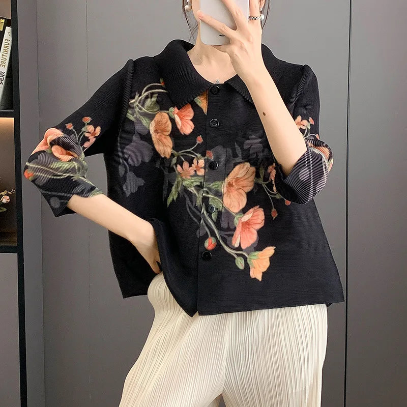 Miyake 2025 Autumn New Folded Jacket Women's Fashion Pleated Simple Versatile Solid Color Lapel Plisse Casual Cardigan Top