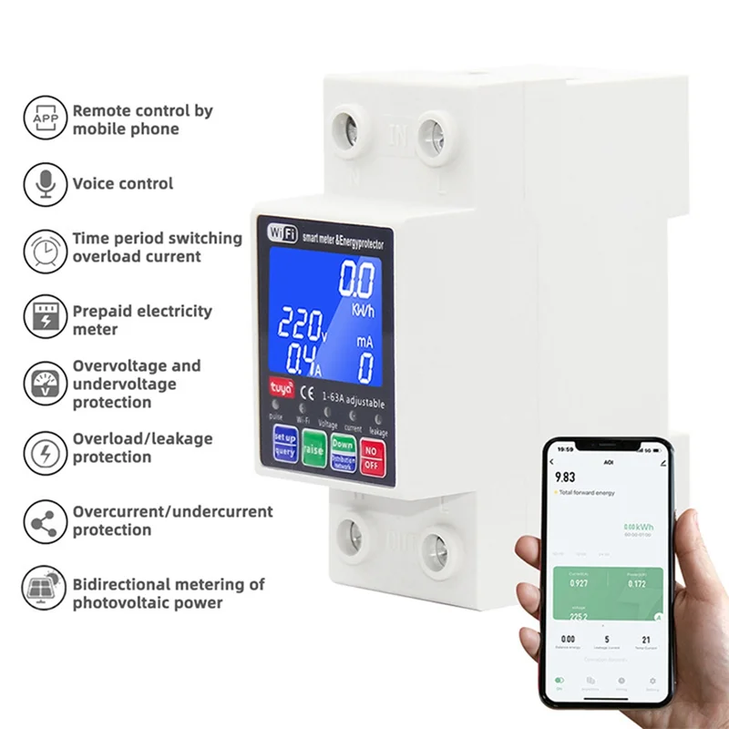 A99E-For Smart Home 220V Tuya Wifi Circuit Breaker 63A Voltage Relay Leakage Protection Automatic MCB Switch