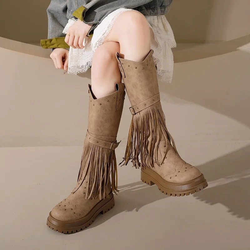 Vintage Tassel Suede Knee High Boots Women 2025 Winter Comfort Thick Bottom Western Cowboy Boots Metal Rivet Woman's Long Boots