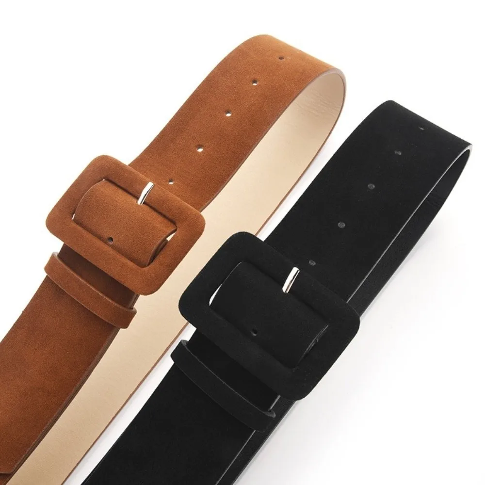Retro Suede Leather Waist Belt Solid Color Luxury Design Business Waistband Pin Buckle Wide Belt