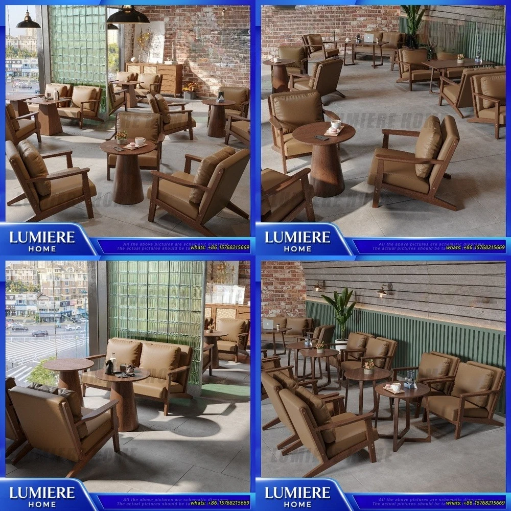 

Vintage Solid Wood Single Coffee Chair Lounge Waiting Area Leisure Seating Dining Set for Cafe Bar Small Sofa Combo