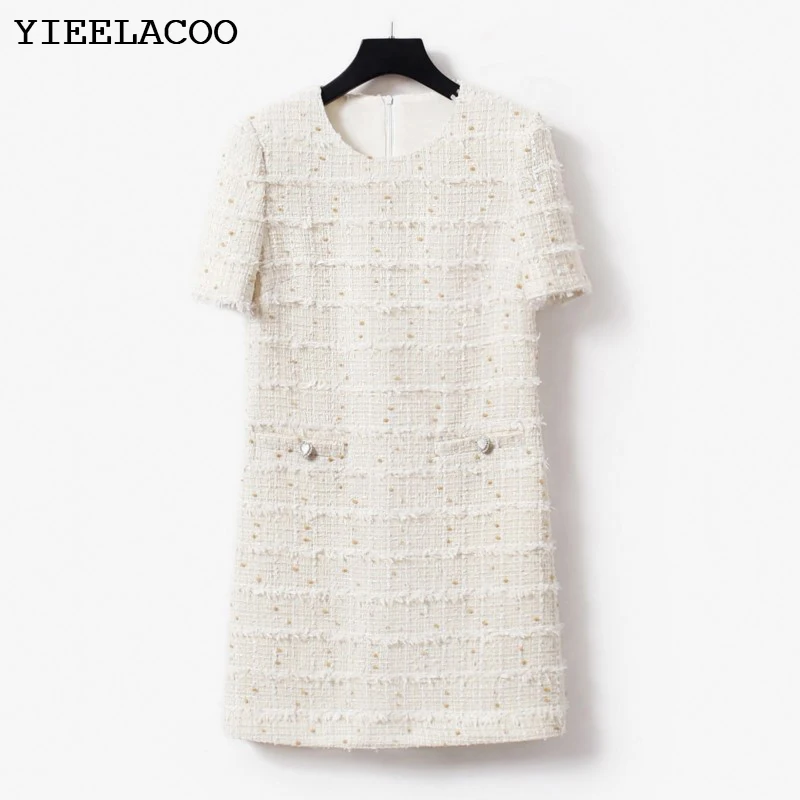 

Beige tweed dress Short sleeve spring / autumn women's dress tassel ladies slim bottoming dress one-piece