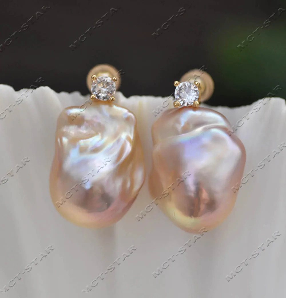 Z13174 Set 20mm Pink Lavender Baroque Keshi Reborn Pearl Stud Earring Pendant CZ Custom jewelry