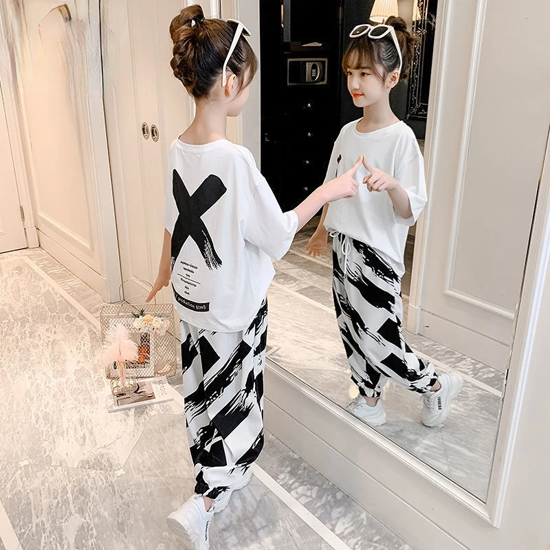 Girls Summer Casual Sports Suit Childrens Korean Style Fashionable Short-sleeved Cropped Pants Two-piece Suit Kids Sets 7 11 12y