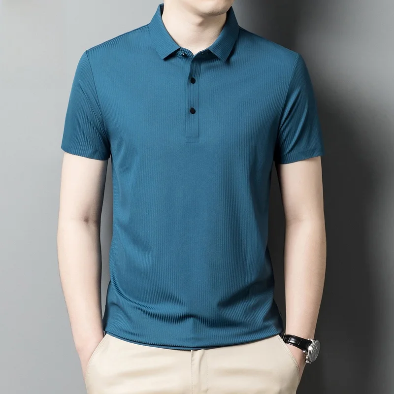 

Мужская летняя футболка из ледяного шелка с отложным воротником, тонкая, охлаждающая, молодежная модель, новинка