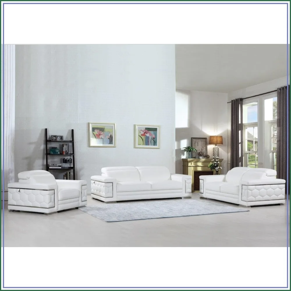 Top Grain Italian Leather Sofa Set Adjustable Headrests Chrome Trim Wood Frame White Chair Loveseat