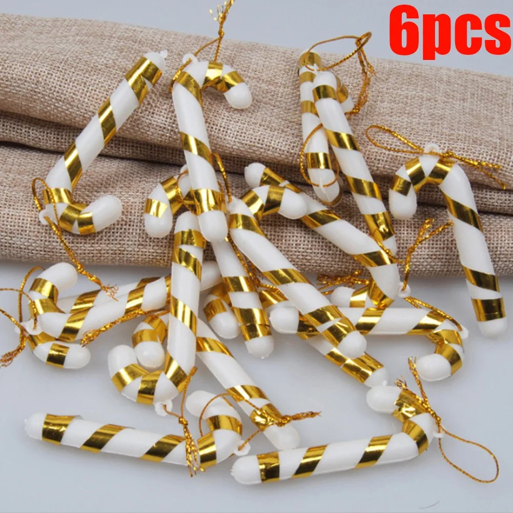 6 Pcs Christmas Tree Ornaments Red and Gold Plastic Crutch Pendant Decorations for Holiday Season Home Xmas Decorations 7CM