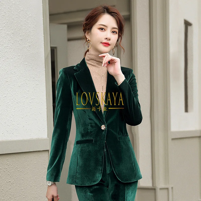 Golden velvet suit set long sleeved suit jacket women\'s professional temperament top autumn and winter