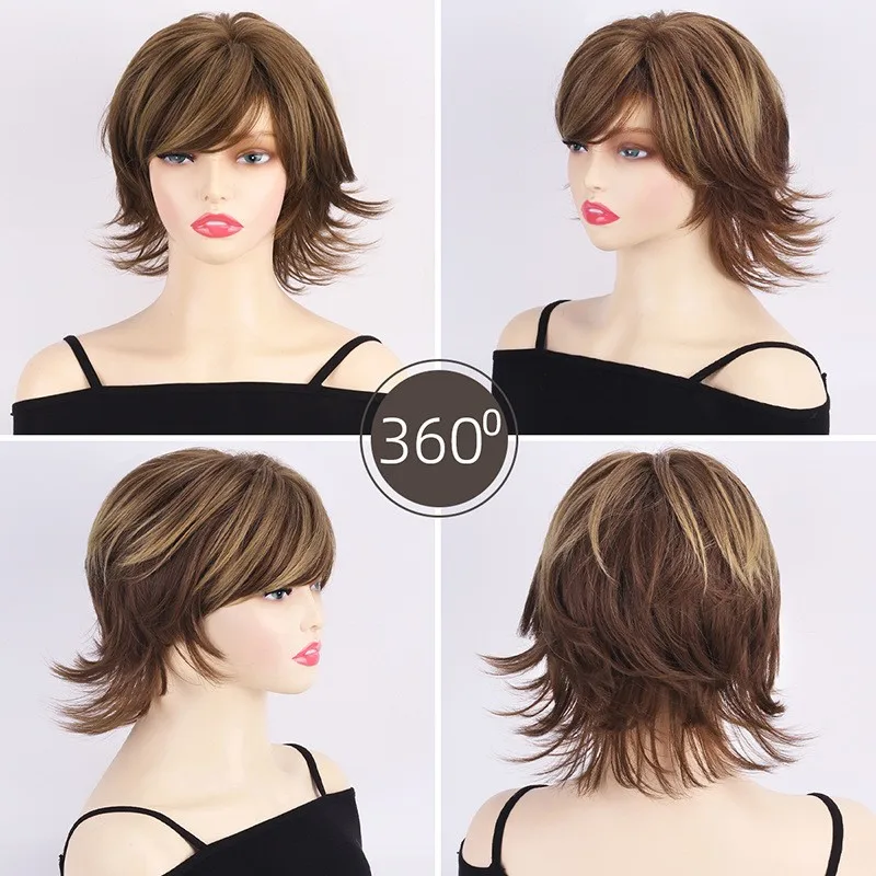 

Ladies Wig Short Golden Brown Curly Wig Women's Synthetic Hair Wig+Wig Cap