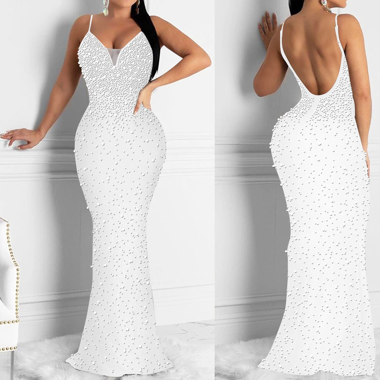 Trunpet Meerjungfrau Abendkleid Frauen Abendkleid Rückenfrei Perlen Spaghettiträger Bodycon Clubwear Elegante Cocktailpartykleider