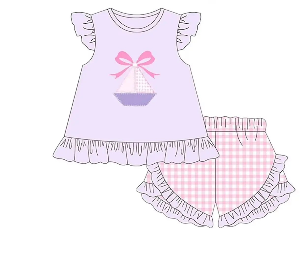 Girl Boy Ocean Vacation Outfit Sailboat Print Top Gingham Shorts Sets Baby Romper Kids Casual Clothes
