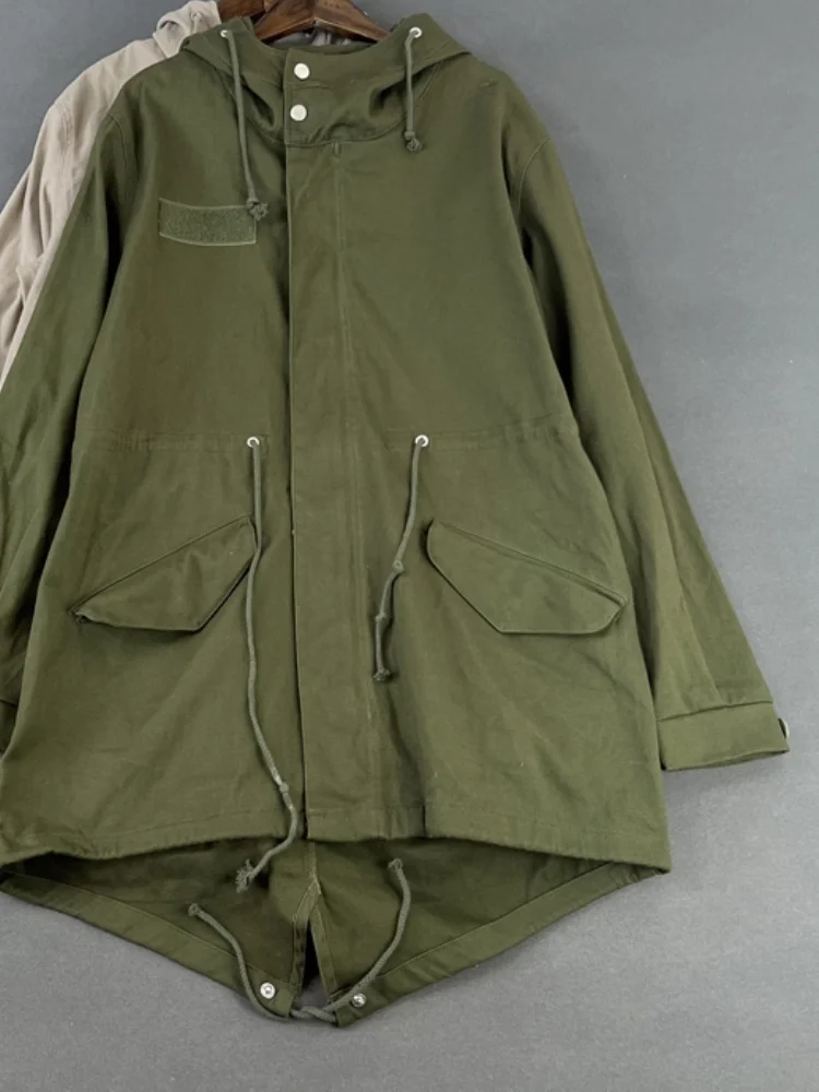 Men's Autumn Retro Cargo Style Loose Mid-Length Trench Coat  Japanese Design Cotton Hooded with Drawstring Waist