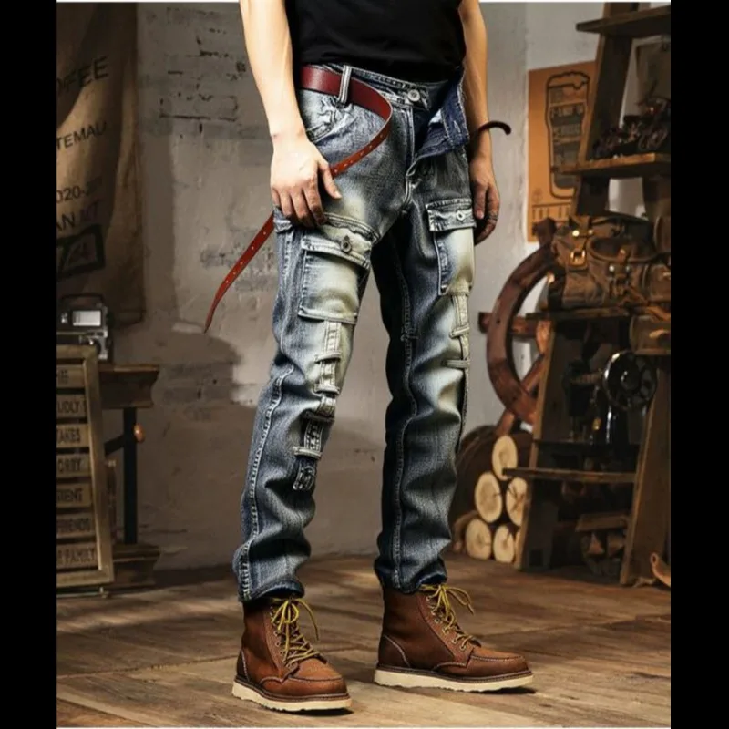 Men Multi Pocket Patchwork Cargo Jeans Vintage Washed Distressed Straight Denim Trousers