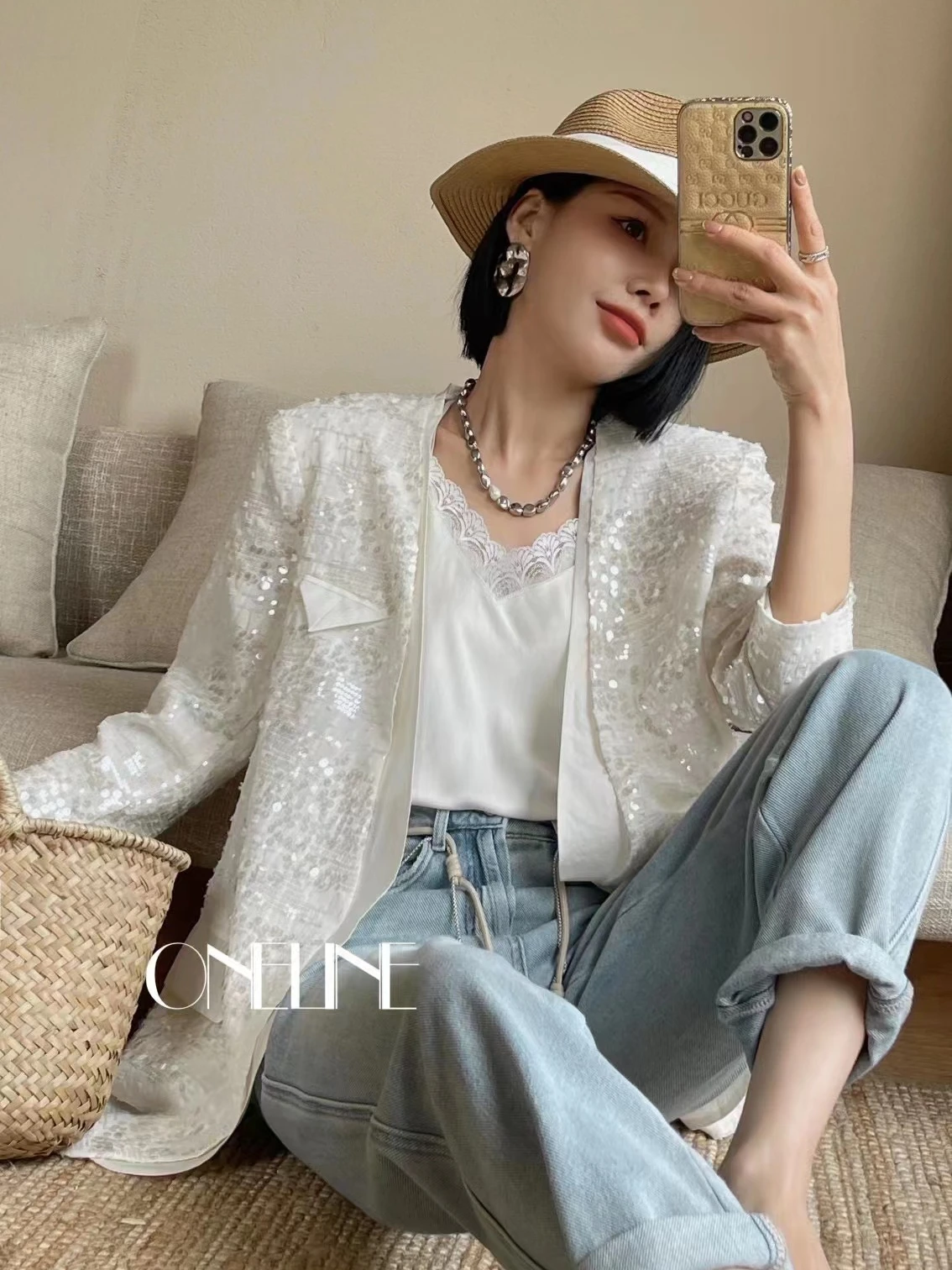 Women New In 2023 Korean V-neck Sequin Tailored Jacket Women\'s Mid Length Shiny Party Casual Sparkling Blazer Top Clothing