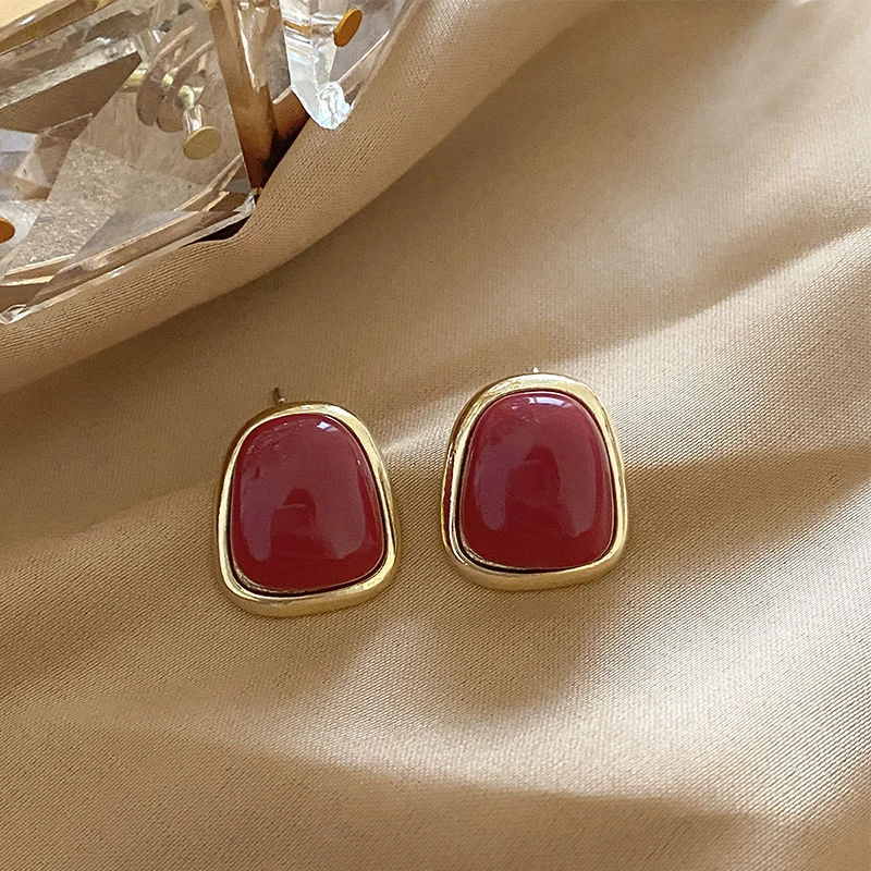 Minimalistische weinrote quadratische Ohrstecker für Damen, goldfarben, Kreis, Vintage-Geometrie, Herz-Ohrringe, 2025, neuer Design-Schmuck – Detail 9