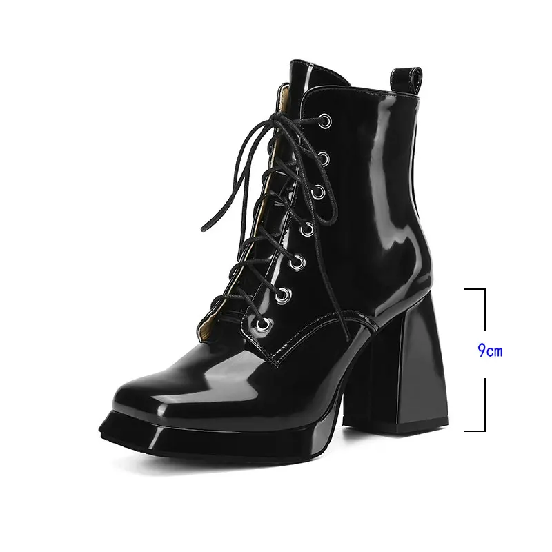 2024 Women Ankle Boots Platform Thick High Heel Ladies Short Boots PU Leathe Square Toe Cross Tied Dress Women's Boots Big Size